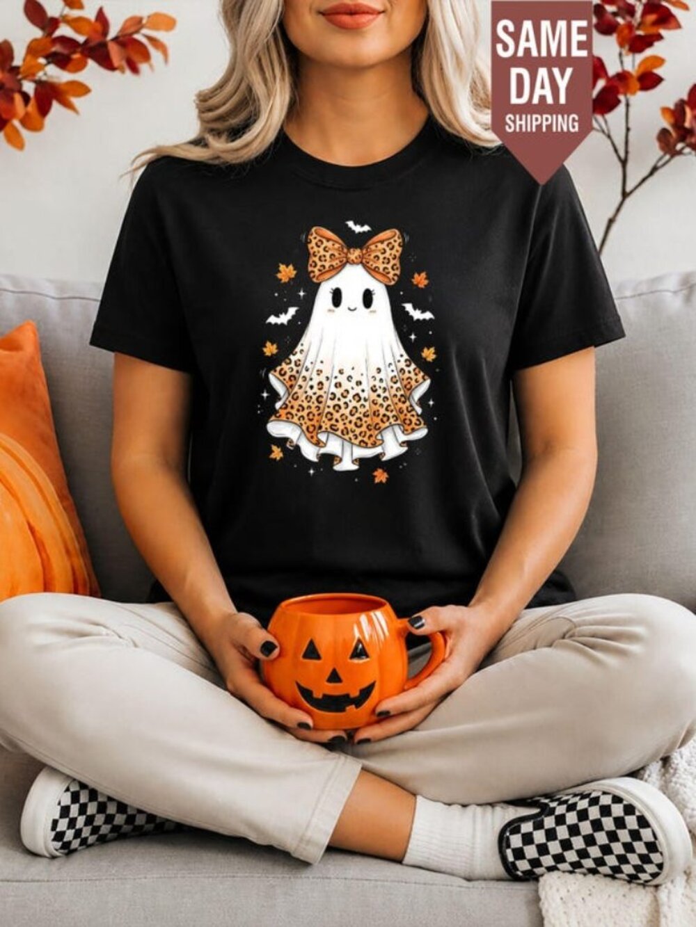 Cute Leopard Ghost Halloween Shirt, Coquette Bow Ghost Tee